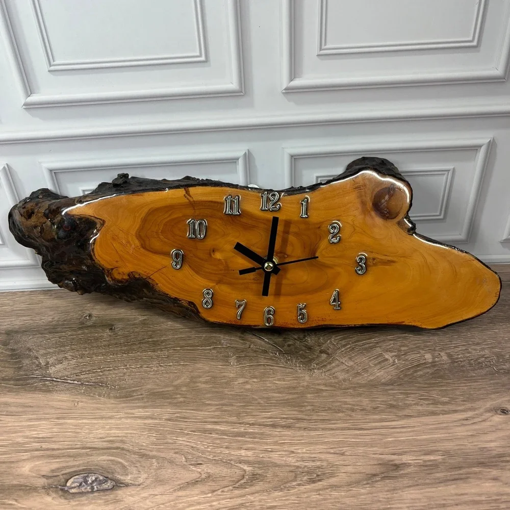 Live Edge Wood Epoxy Wall Clock Brown Glossy Resin Rustic Slab